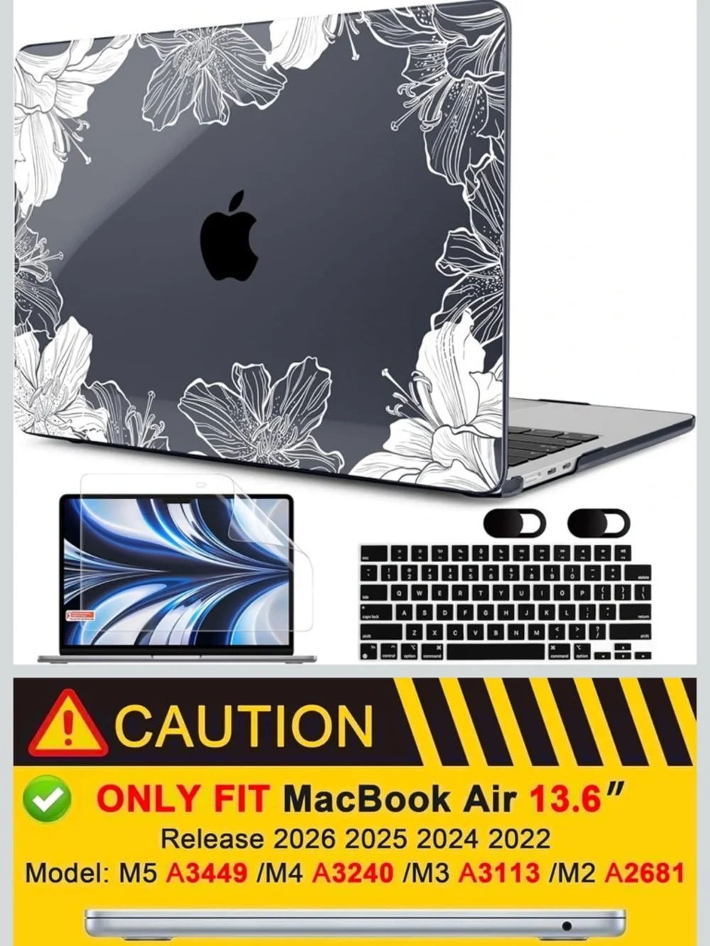 Clear Floral MacBook Air 13.6 Protective Case with Keyboard Cover